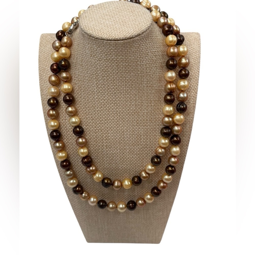 Pearl necklace Multicolor Champagne & Brown Layered Strand minimalist sterling
